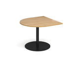 Radial extension table with wood-effect top and black pedestal base on a white background