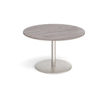 Round table with a wooden top and metal base on a white background