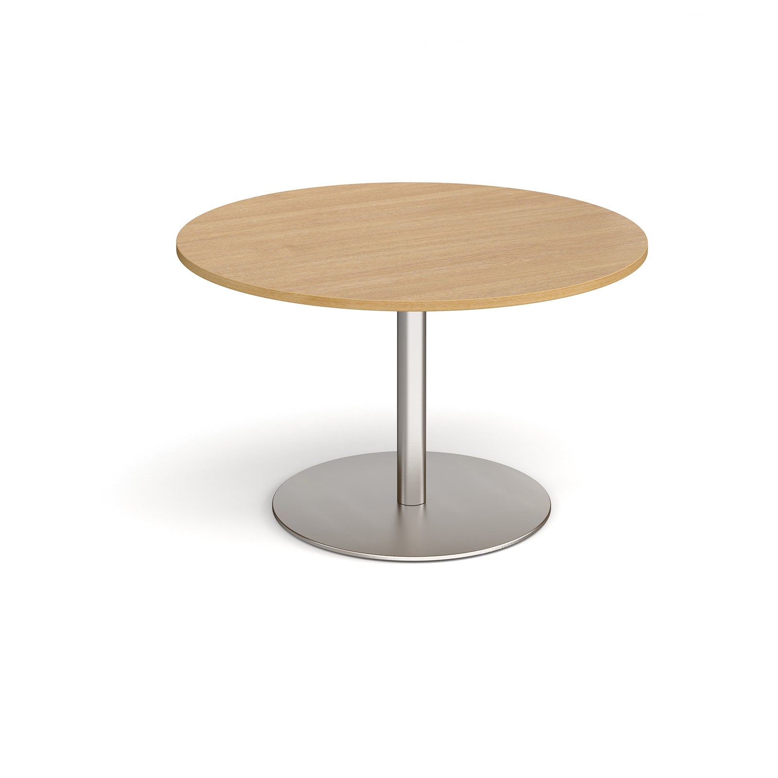 Round wooden table with metal base on a white background