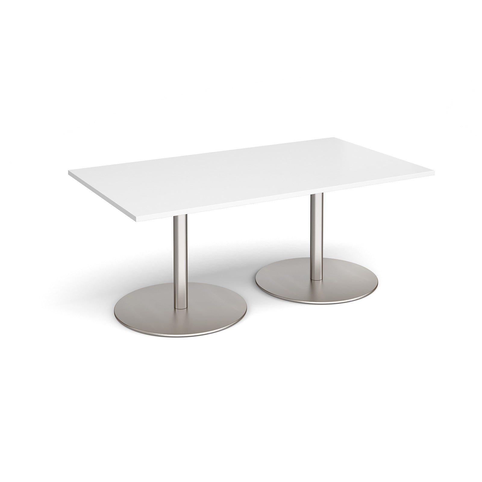 A rectangular meeting table with a white top and two round brushed steel pedestal bases, shown on a clean white background.