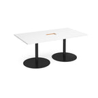 Rectangular table with with top with central cut-out and two black pedestal bases on a white background