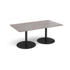 A rectangular meeting table with a grey wood-effect top and two round black pedestal bases, shown on a clean white background.