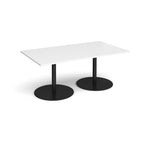 A rectangular meeting table with a white top and two round black pedestal bases, shown on a clean white background.