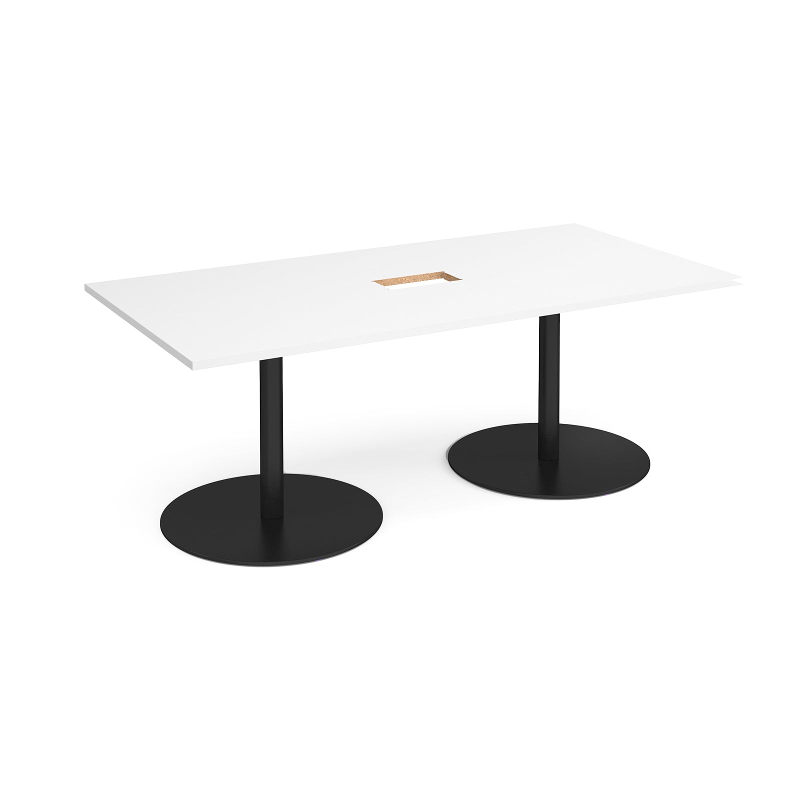 Rectangular table with with top with central cut-out and two black pedestal bases on a white background