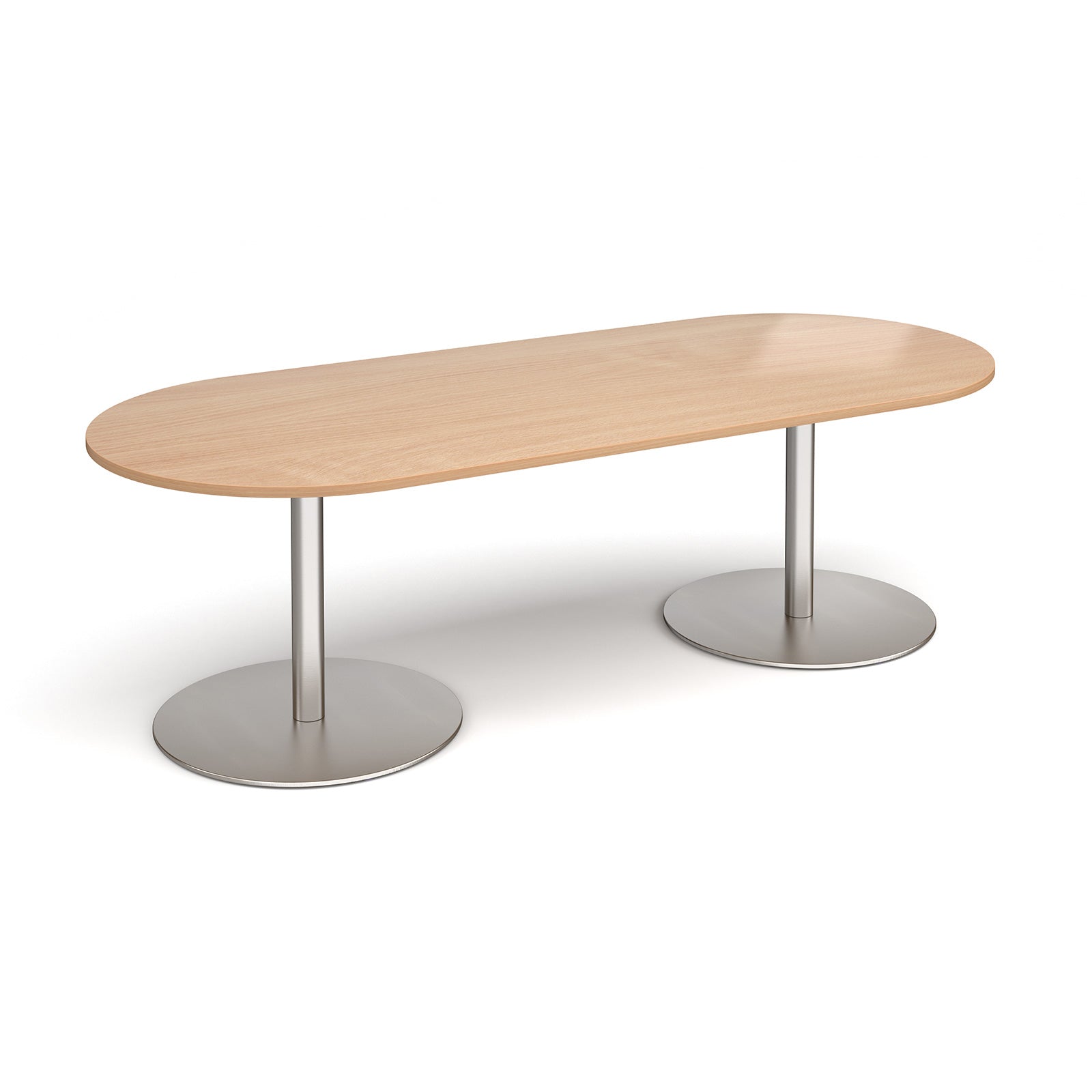 A modern oval conference table with a light oak wood-grain top and dual silver metal pedestal bases, shown on a clean white background.