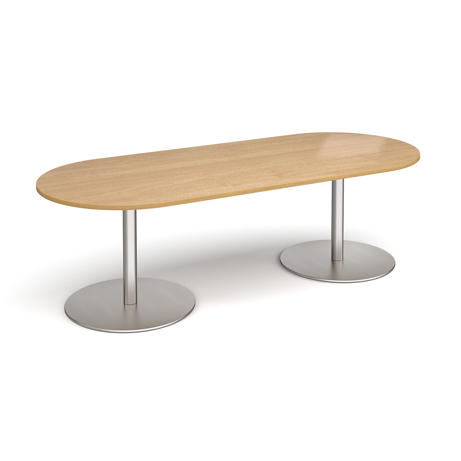A modern oval conference table with a light oak wood-grain top and dual silver metal pedestal bases, shown on a clean white background.