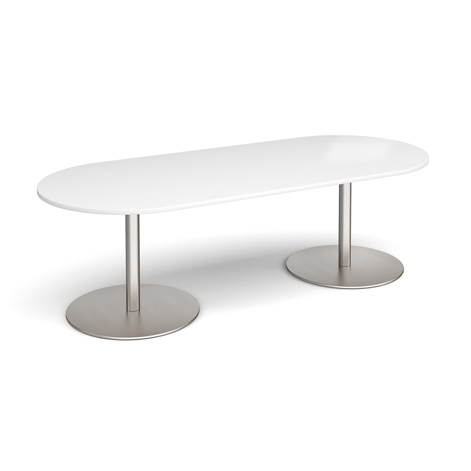 An oval white table with a sleek silver metal pedestal base, shown on a clean white background.