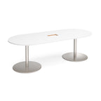 White oval table with central cut-out and metallic bases on a white background