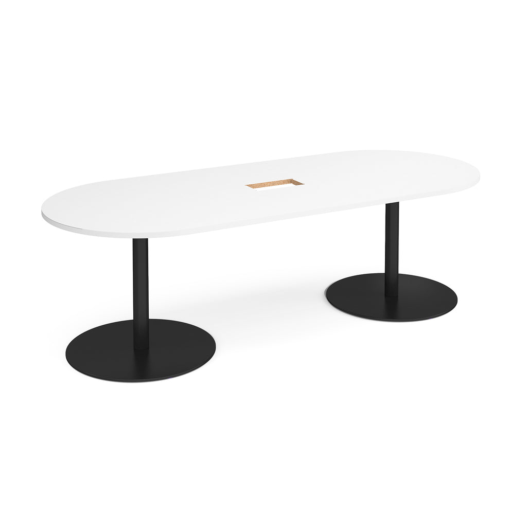 White oval table with central cut-out and black bases on a white background