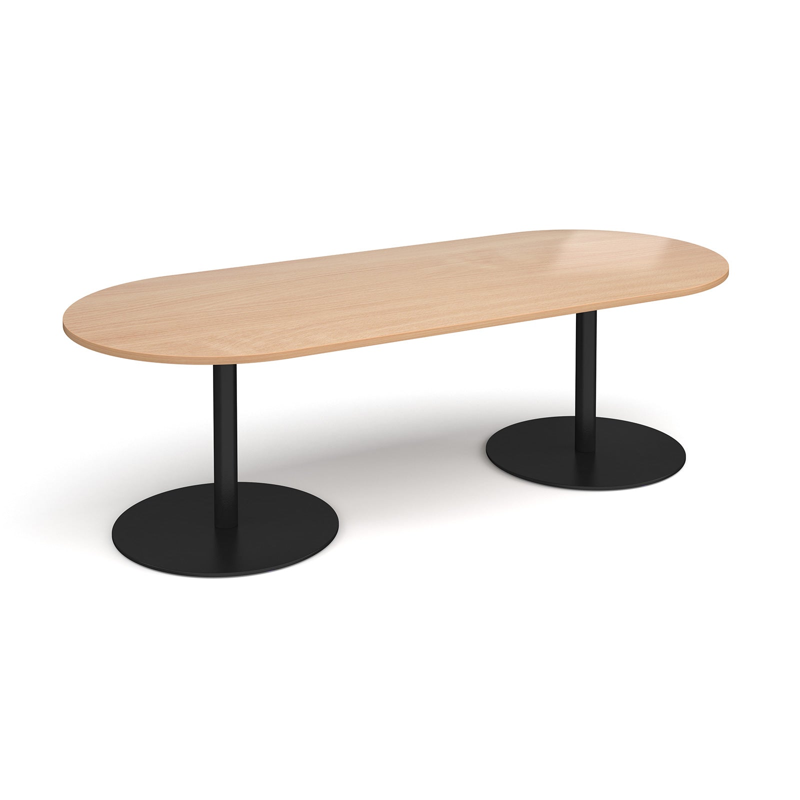 A modern oval conference table with a light oak wood-grain top and dual black metal pedestal bases, shown on a clean white background