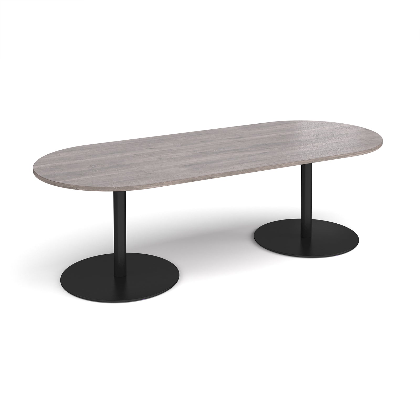 A modern oval conference table with a grey wood-grain top and dual black metal pedestal bases, shown on a clean white background.