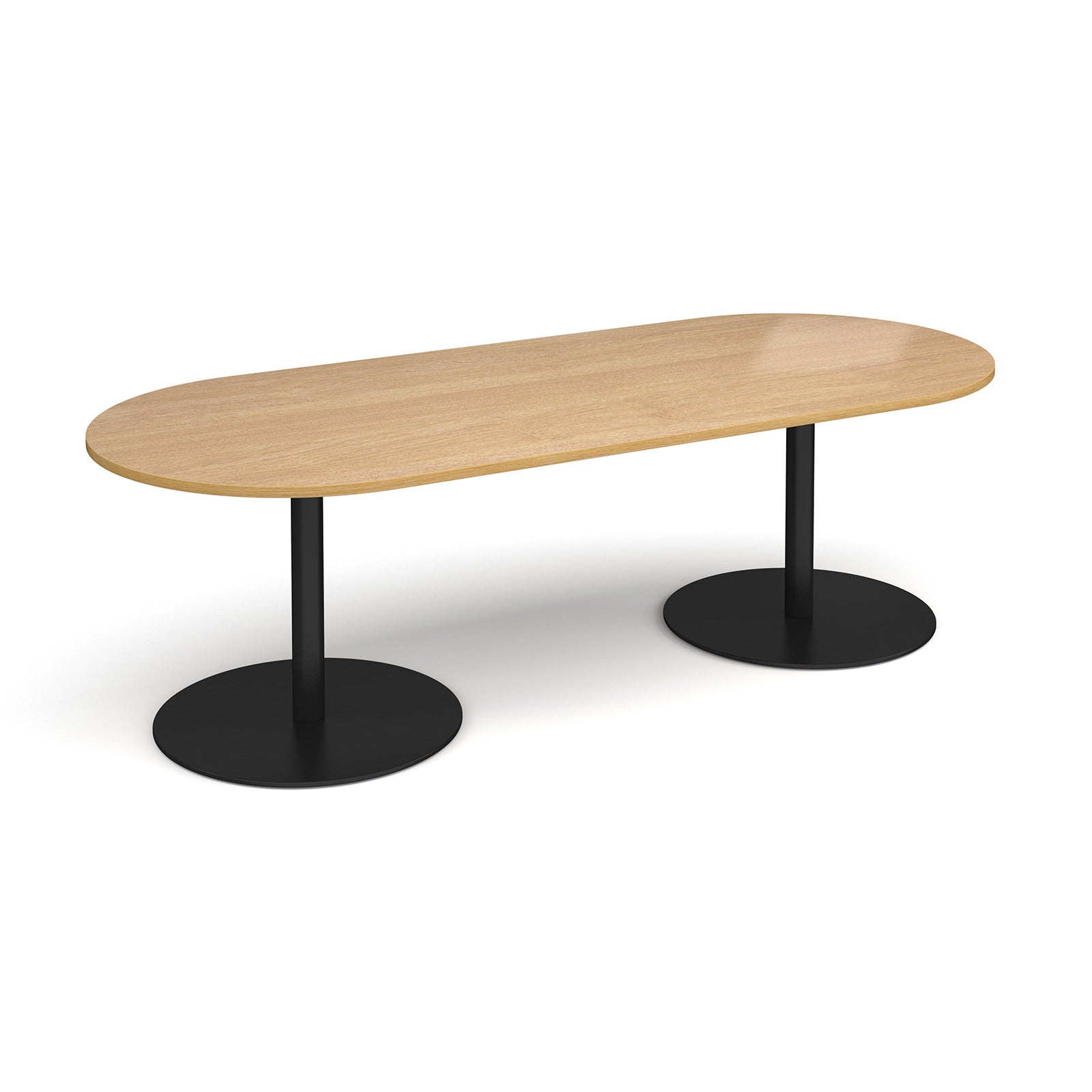 A modern oval conference table with a light oak wood-grain top and dual black metal pedestal bases, shown on a clean white background.