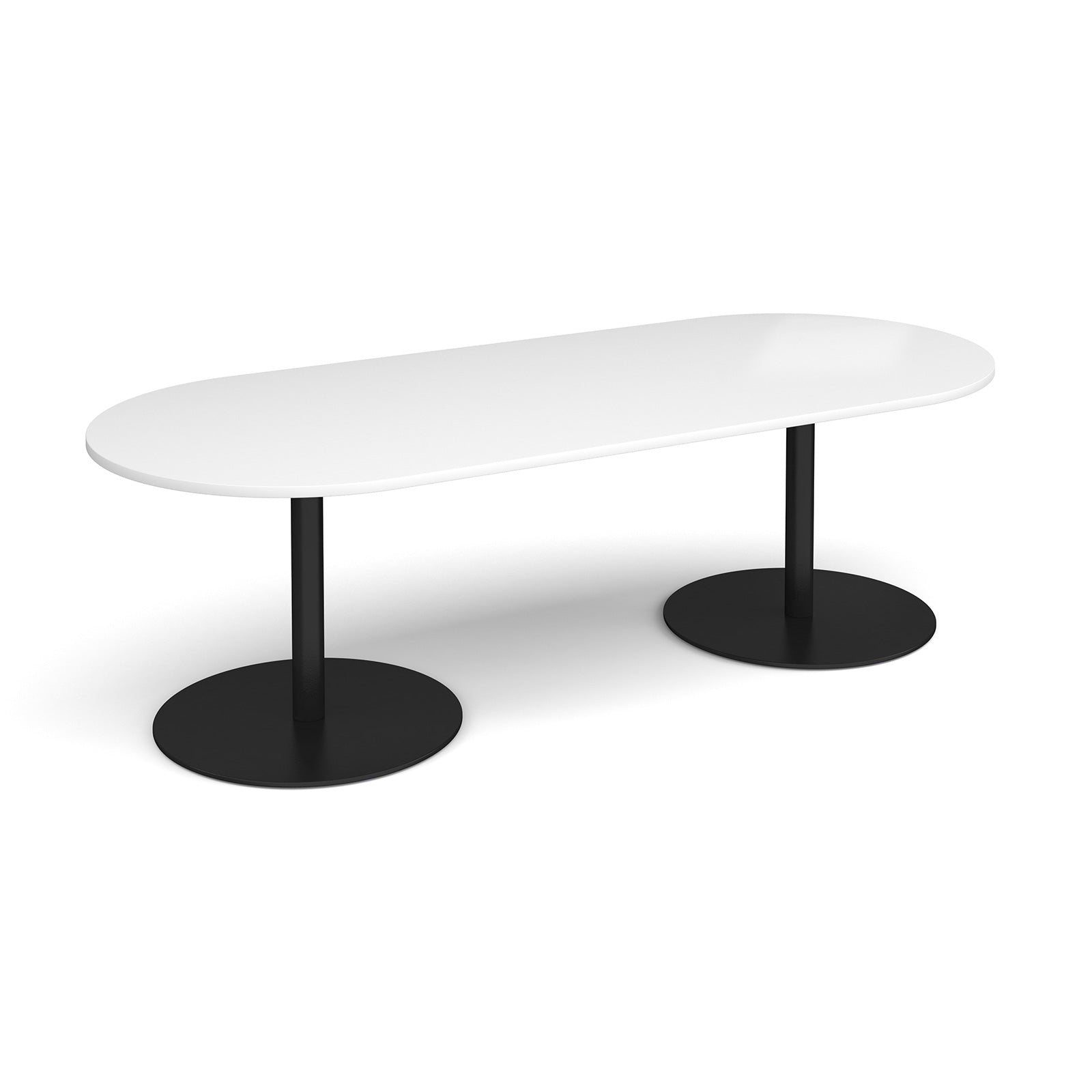 A modern oval conference table with white top and dual black metal pedestal bases, shown on a clean white background.