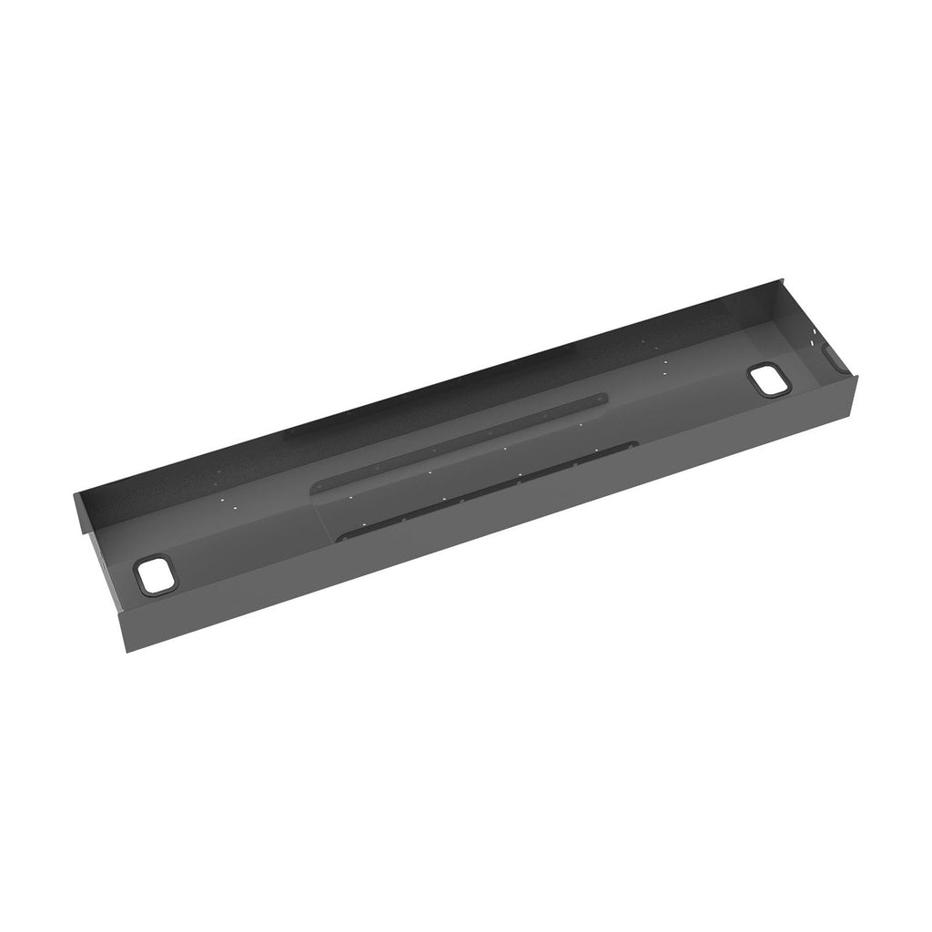 Black metal cable tray on a white background