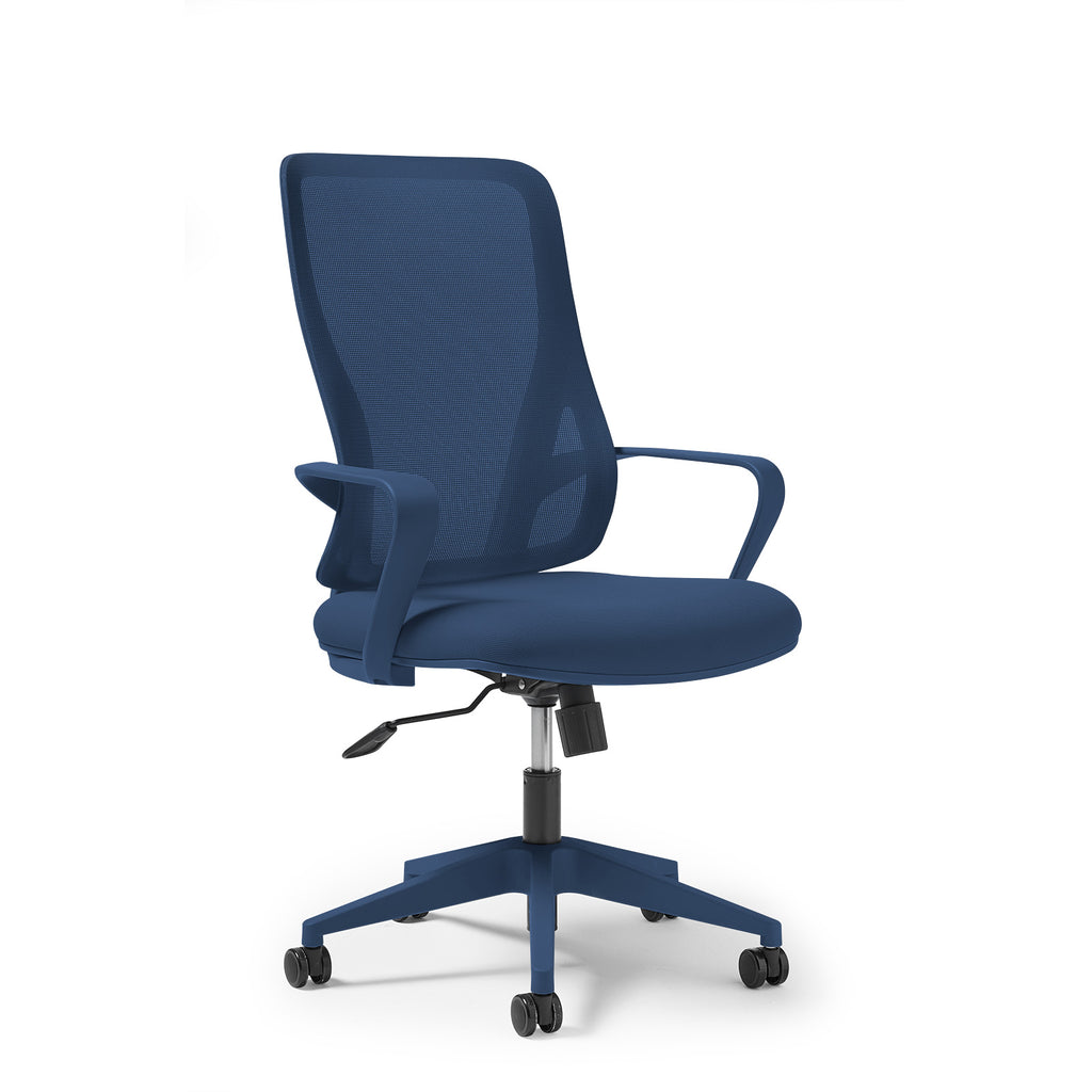Blue office chair with mesh back on a white background