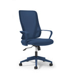 Blue office chair with mesh back on a white background