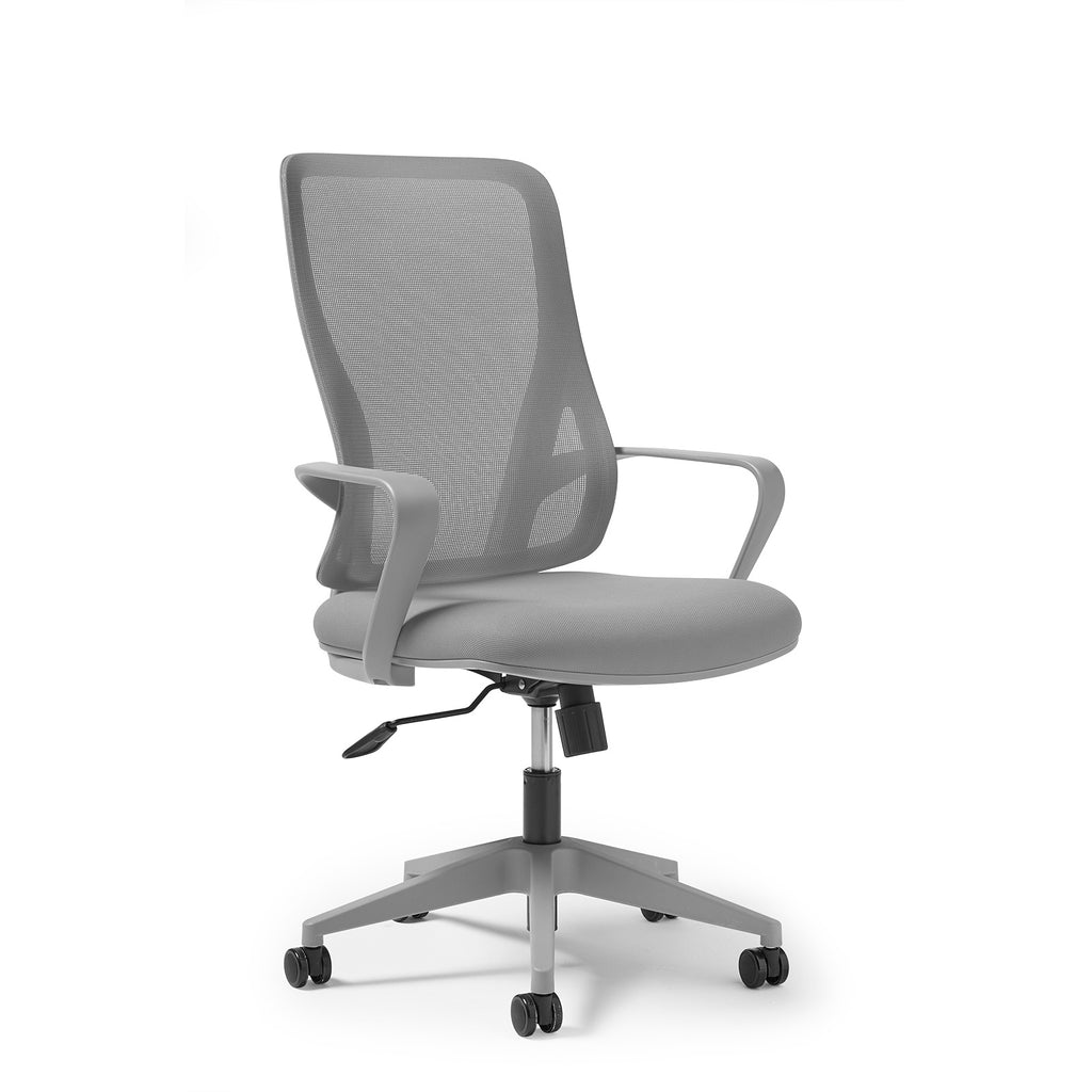 Grey office chair with mesh back on a white background
