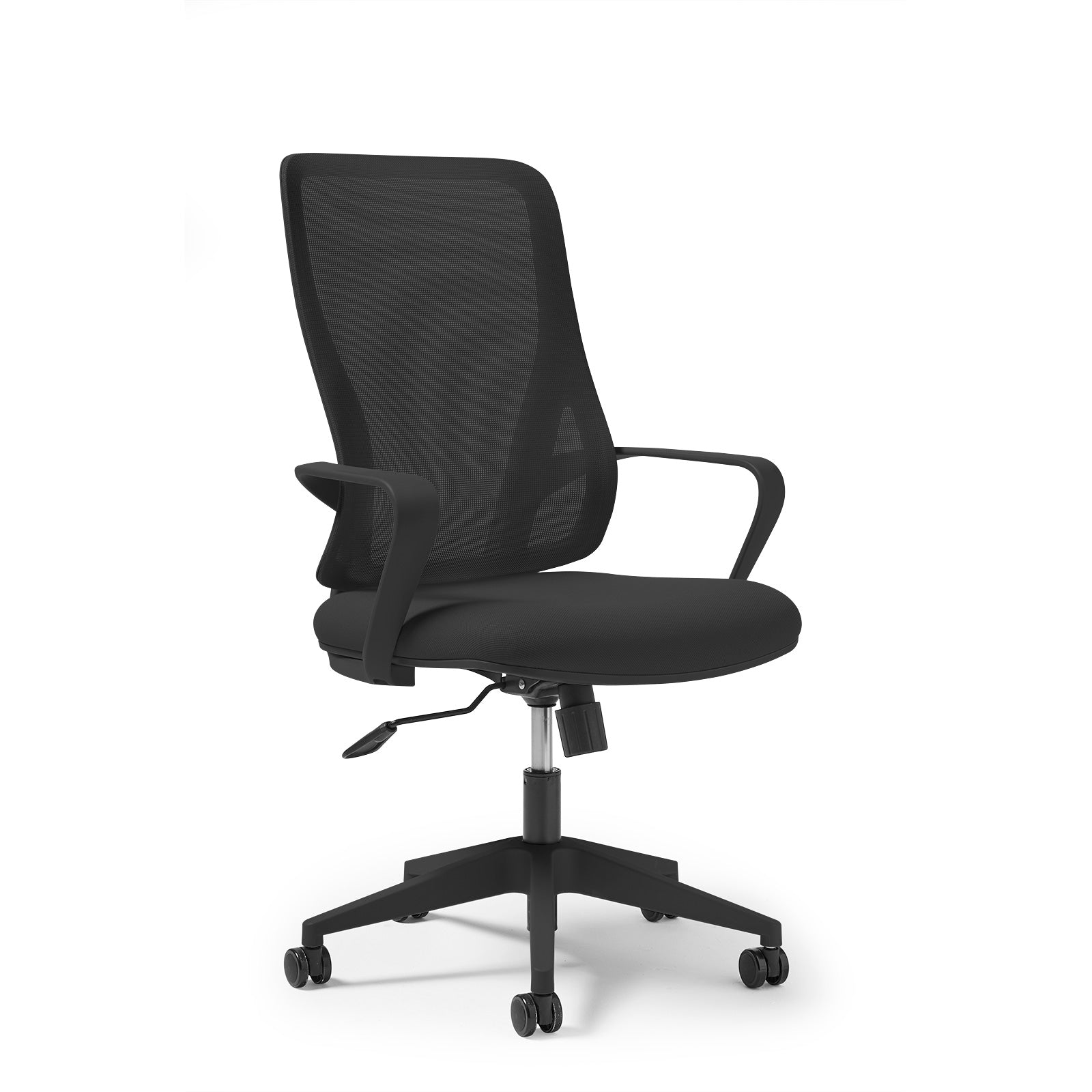 Black office chair with mesh back on a white background