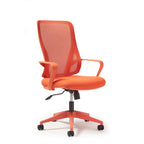 Orange office chair with mesh back on a white background