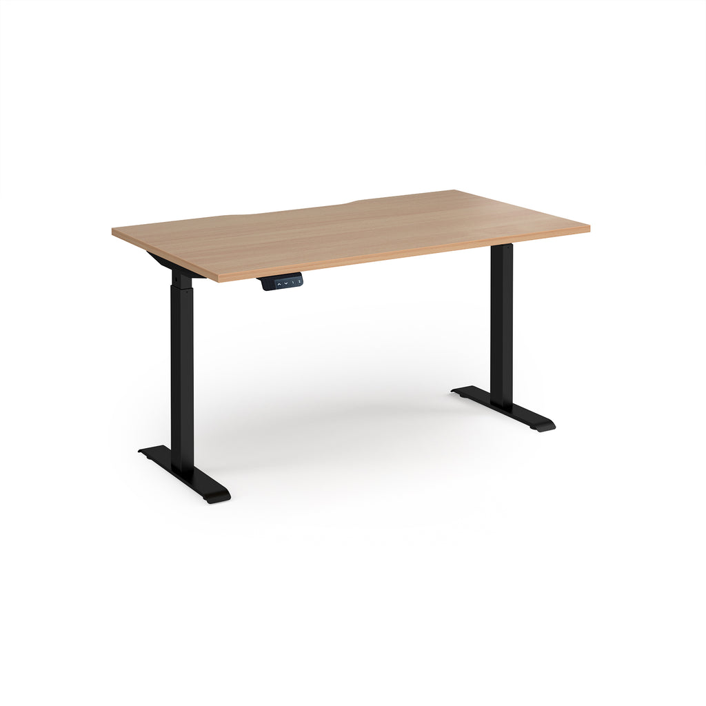 Height adjustable desk with wood-effect top and black metal frame on a white background
