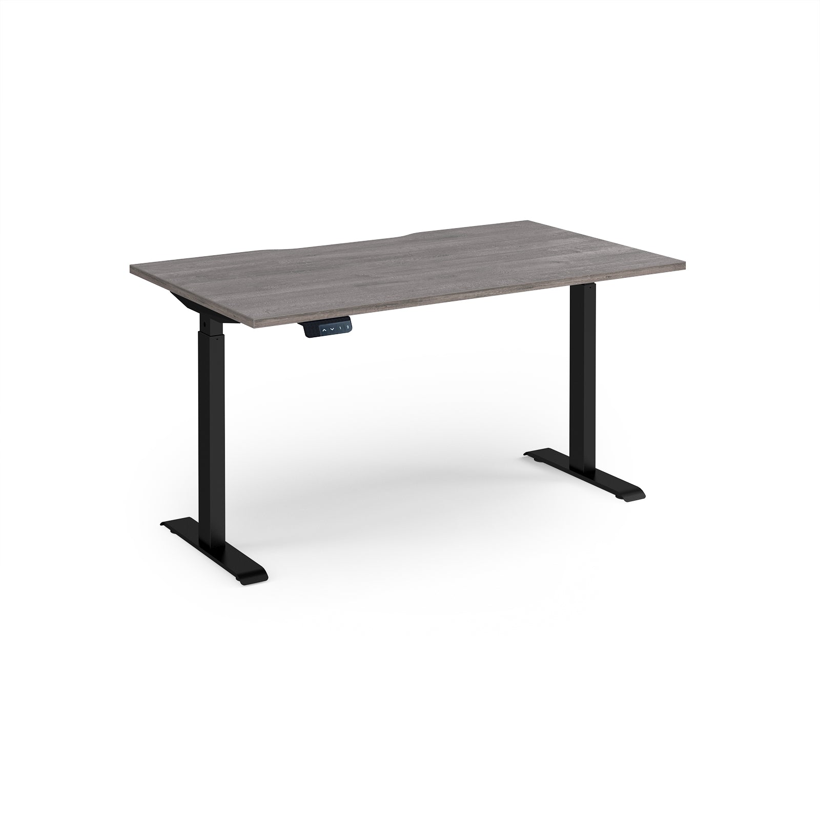 Height adjustable desk with grey wood-effect top and black metal frame on a white background