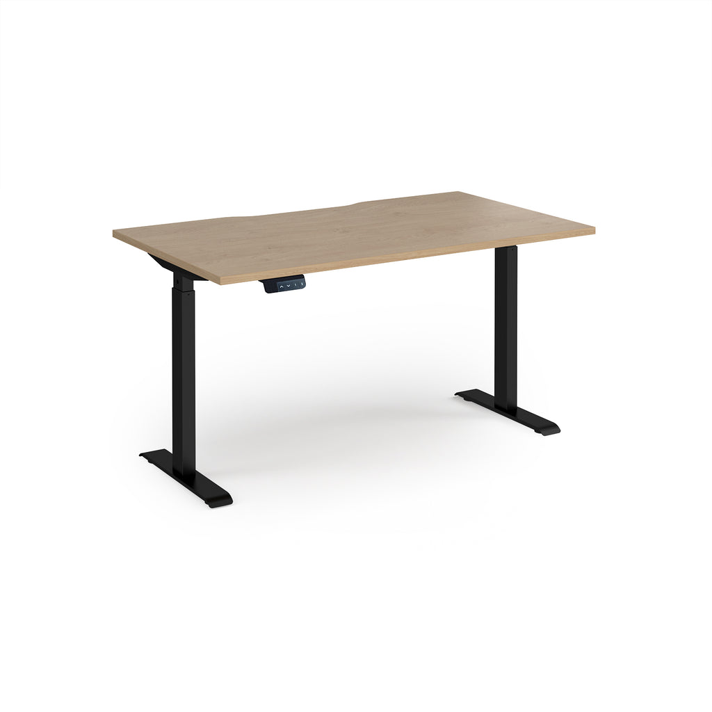 Height adjustable desk with wood-effect top and black metal frame on a white background