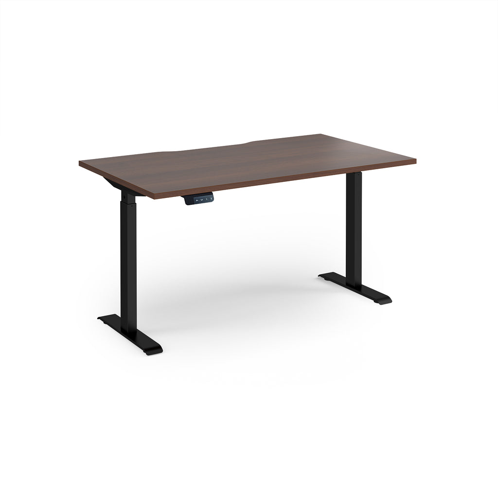 Height adjustable desk with wood-effect top and black metal frame on a white background