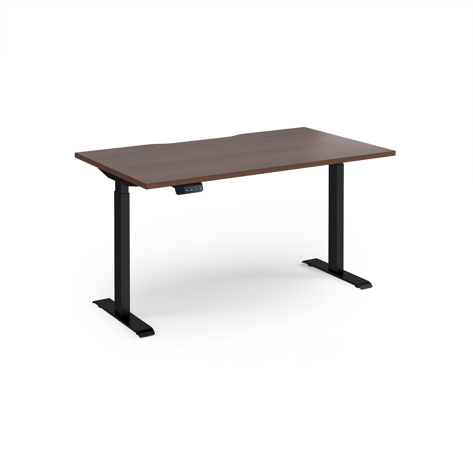 Height adjustable desk with wood-effect top and black metal frame on a white background