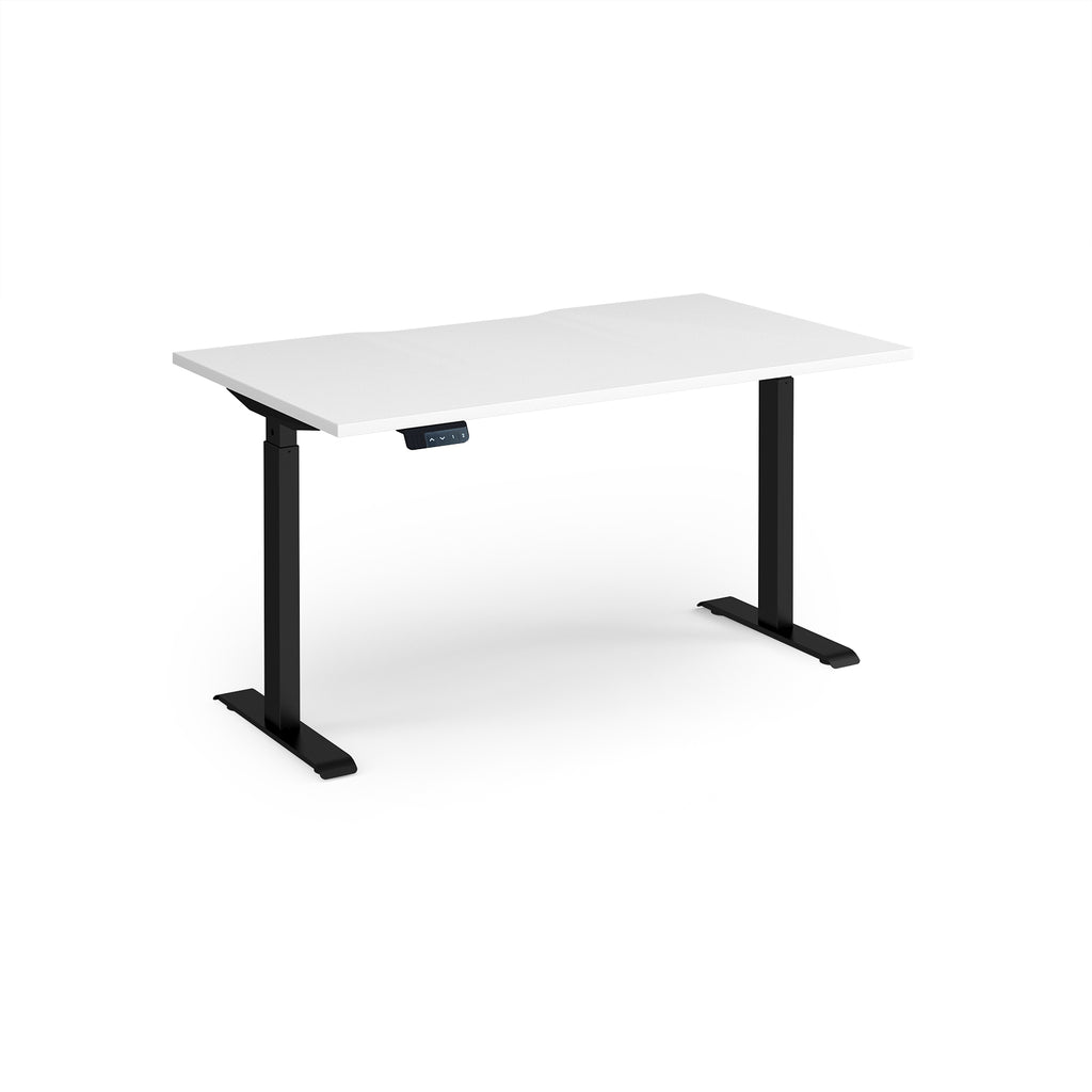 Height adjustable desk with white top and black metal frame on a white background