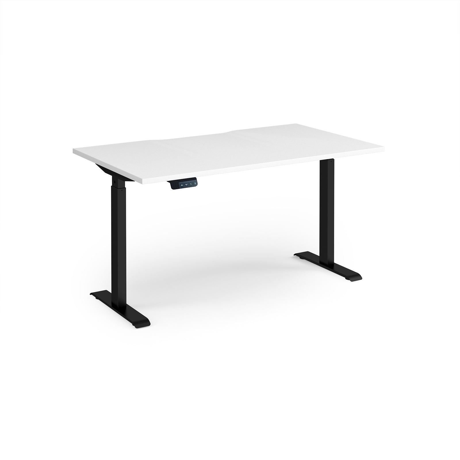 Height adjustable desk with white top and black metal frame on a white background