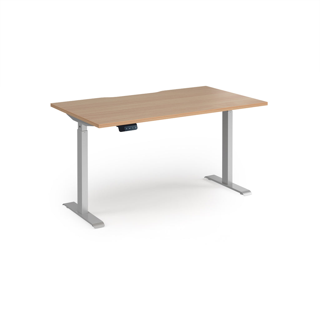 Height adjustable desk with wood-effect top and silver metal frame on a white background