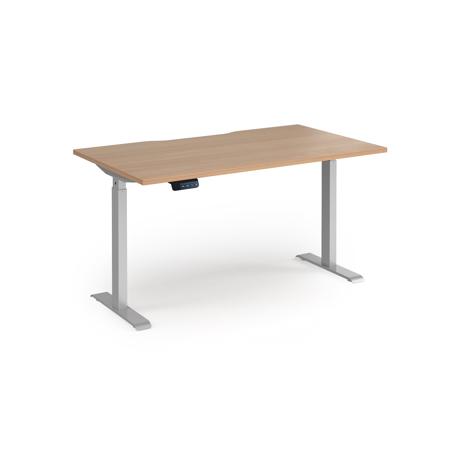 Height adjustable desk with wood-effect top and silver metal frame on a white background