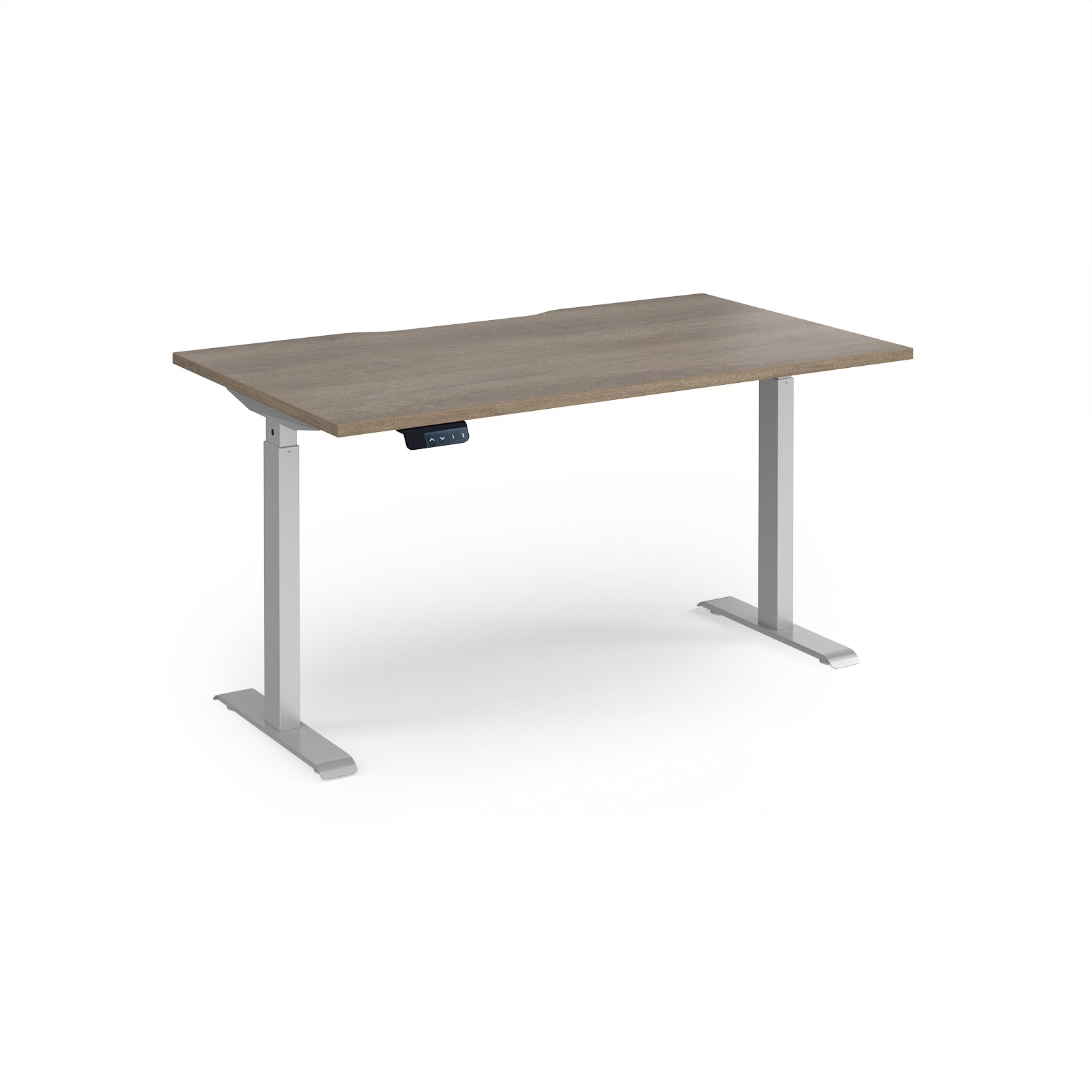 Height adjustable desk with wood-effect top and silver metal frame on a white background
