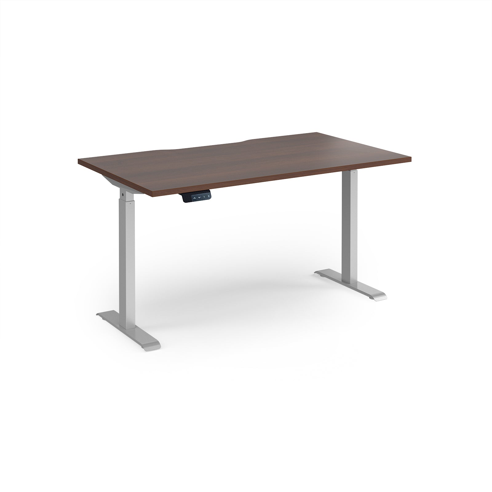Height adjustable desk with wood-effect top and silver metal frame on a white background