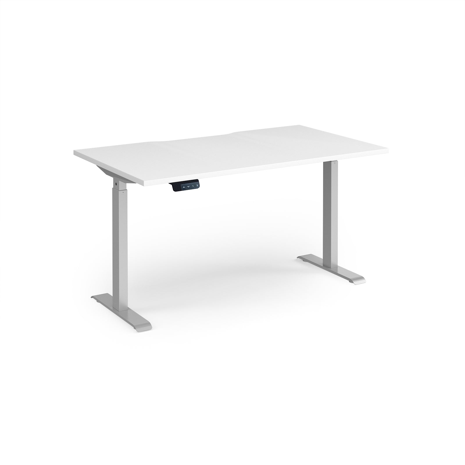 Height adjustable desk with white top and silver metal frame on a white background