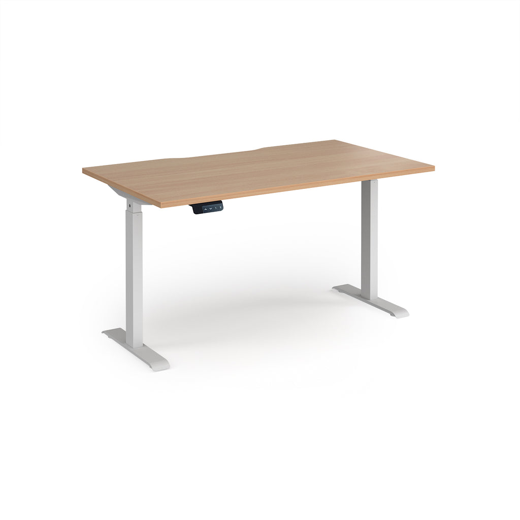 Height adjustable desk with wood-effect top and white metal frame on a white background