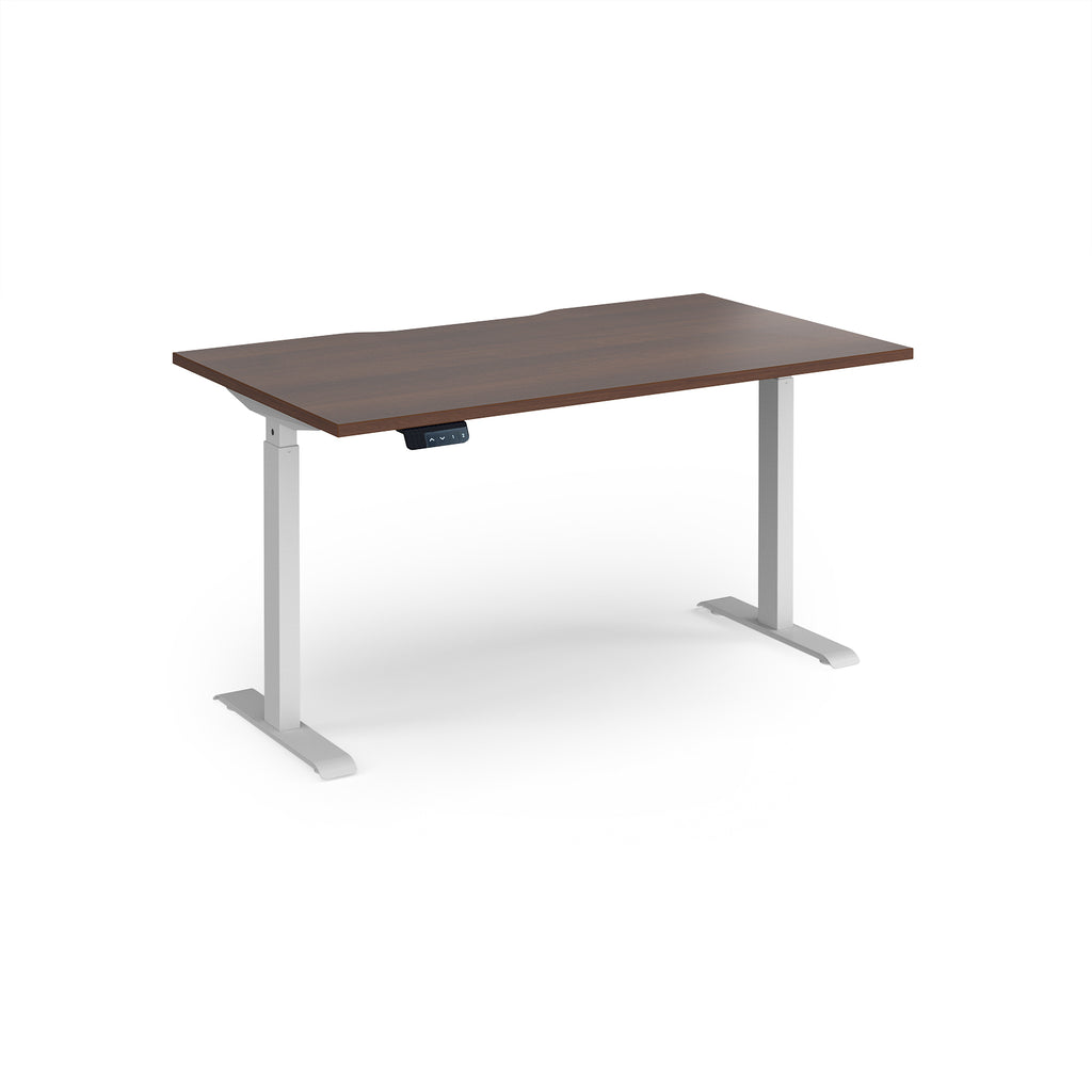 Height adjustable desk with wood-effect top and white metal frame on a white background