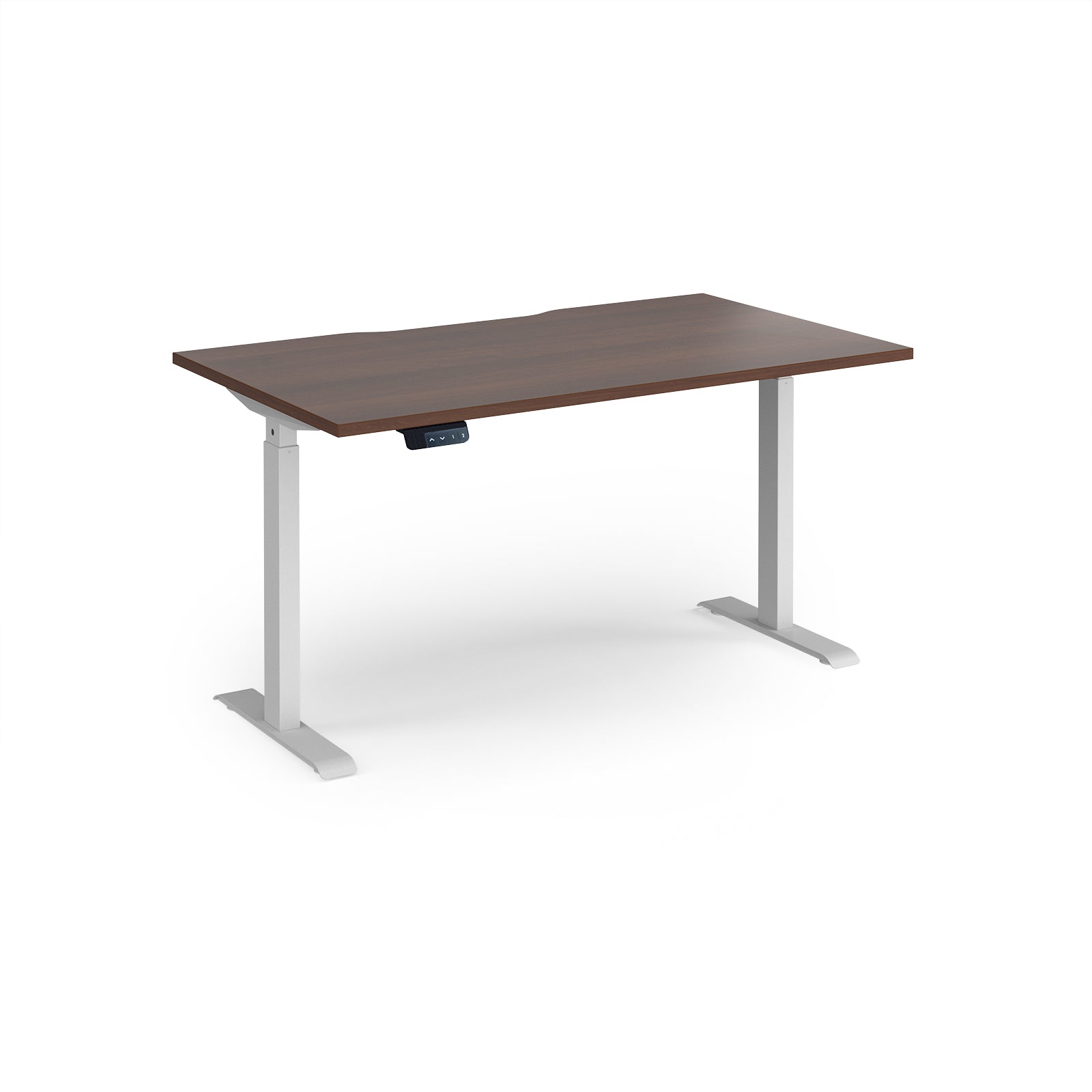 Height adjustable desk with wood-effect top and white metal frame on a white background