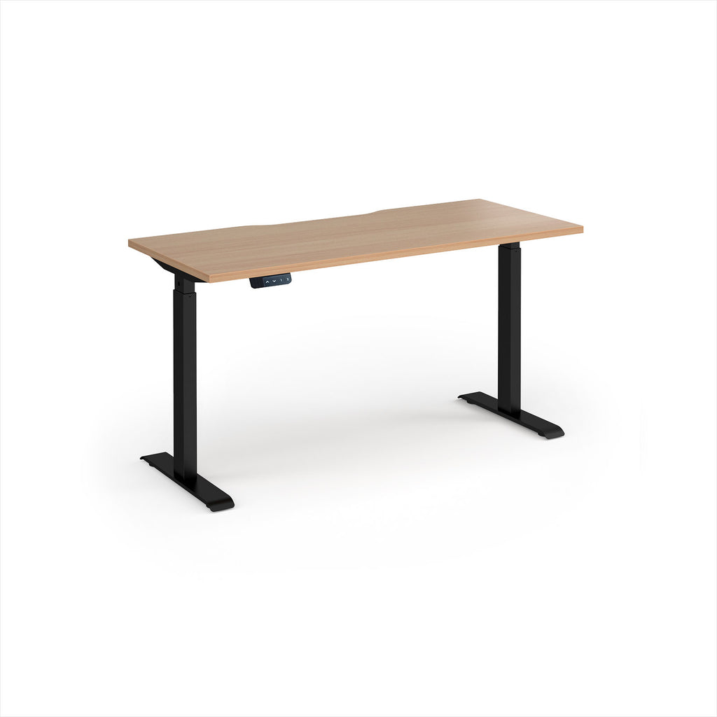 A modern height-adjustable desk with a light beech wood-grain top and black metal legs, shown on a clean white background.