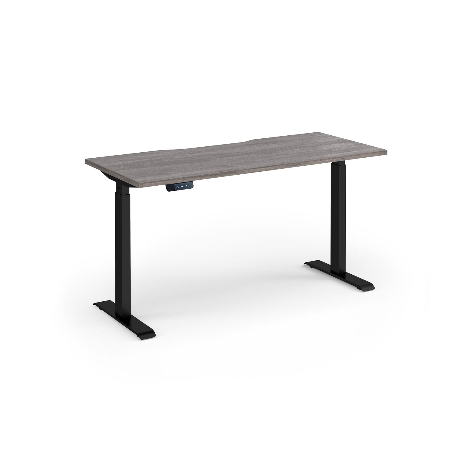 A modern height-adjustable desk with a grey wood-grain top and black metal legs, shown on a clean white background.