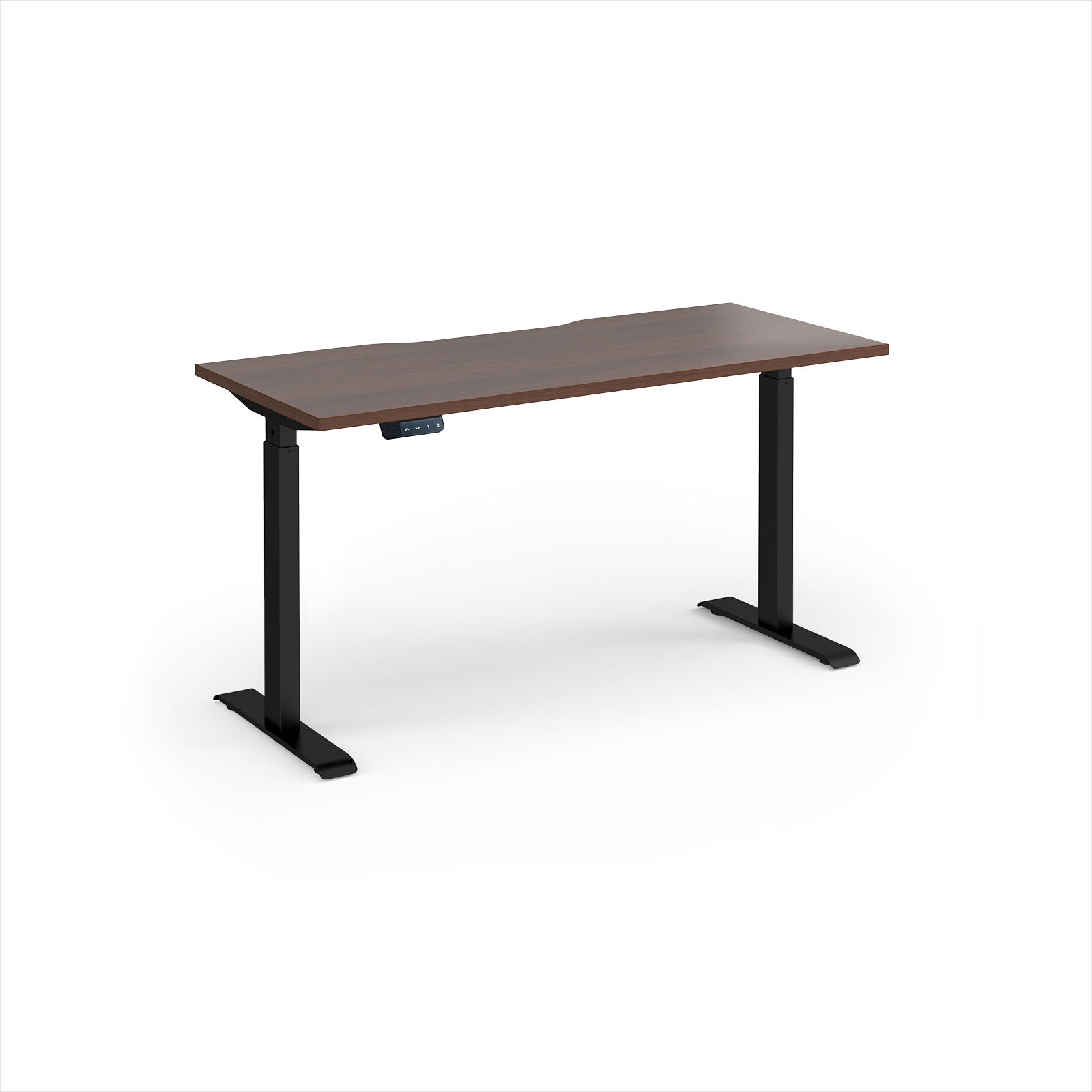 A modern height-adjustable desk with a dark brown wood-grain top and black metal legs, shown on a clean white background.