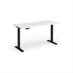 A modern height-adjustable desk with a white top and black metal legs, shown on a clean white background.