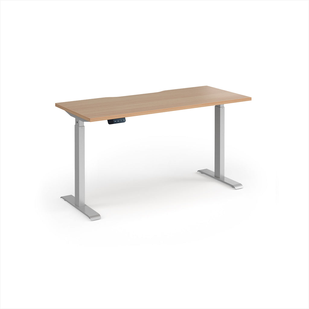 A modern height-adjustable desk with a light beech wood-grain top and silver metal legs, shown on a clean white background.