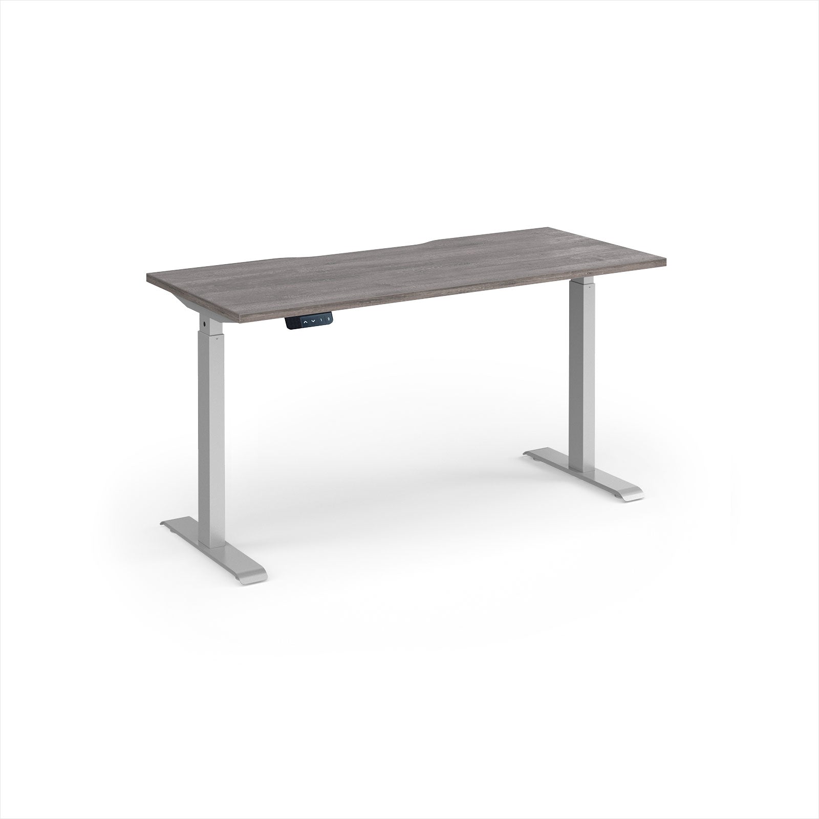 A modern height-adjustable desk with a grey wood-grain top and silver metal legs, shown on a clean white background.