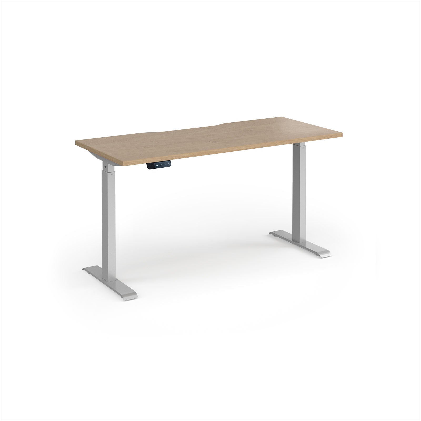 A modern height-adjustable desk with a light oak wood-grain top and silver metal legs, shown on a clean white background.