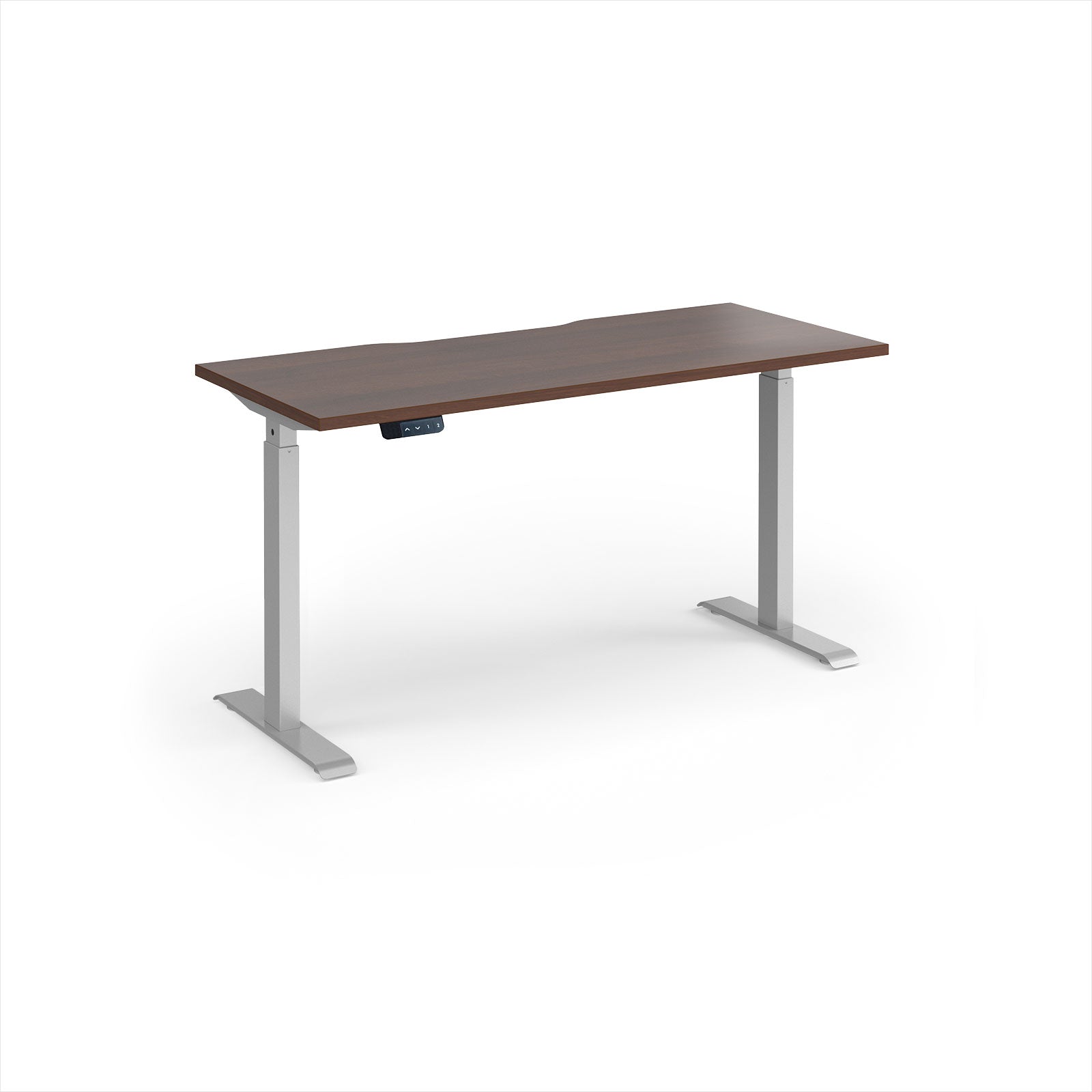 A modern height-adjustable desk with a dark brown wood-grain top and silver metal legs, shown on a clean white background.