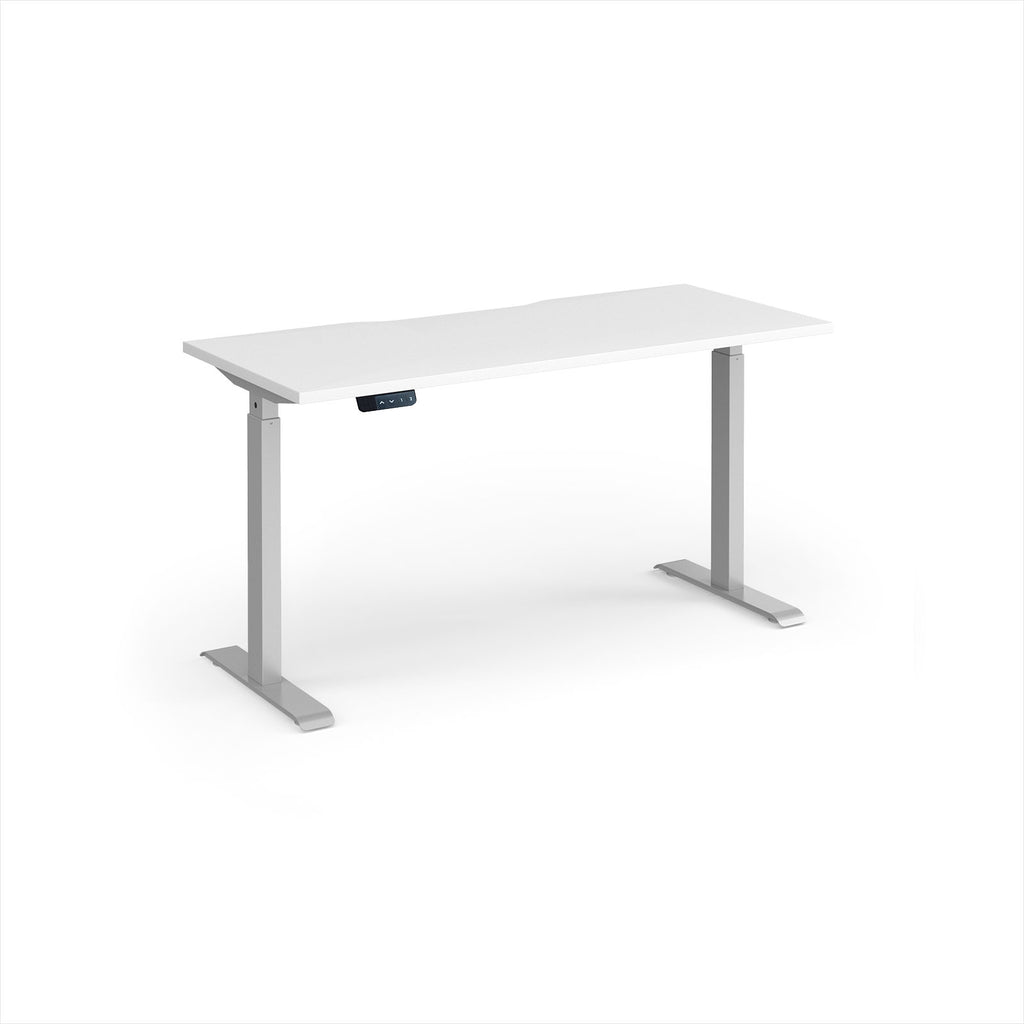 A modern height-adjustable desk with a white top and silver metal legs, shown on a clean white background.