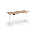 A modern height-adjustable desk with a light beech wood-grain top and white metal legs, shown on a clean white background.
