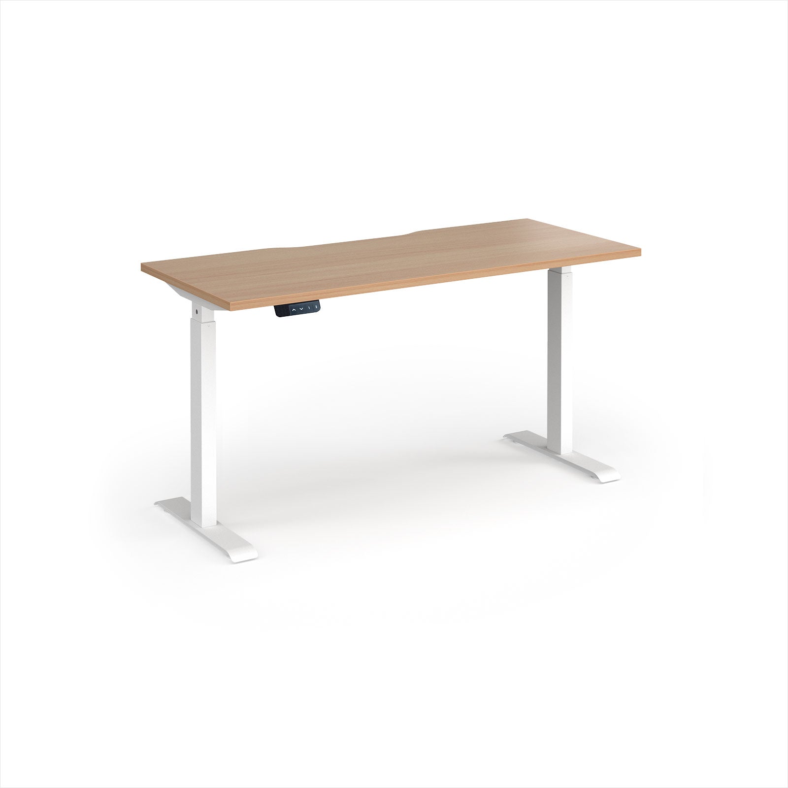 A modern height-adjustable desk with a light beech wood-grain top and white metal legs, shown on a clean white background.