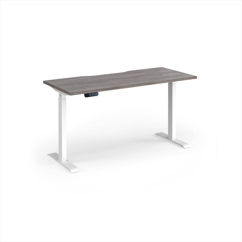 A modern height-adjustable desk with a grey wood-grain top and white metal legs, shown on a clean white background.